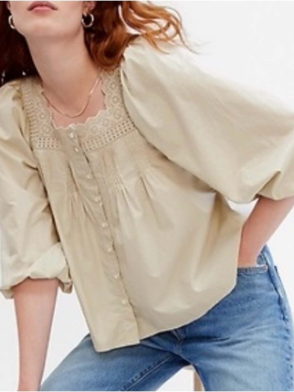 GAP Moonstone Tan Pintuck Eyelet Blouse Puff Sleeve Cotton Poplin Sz L